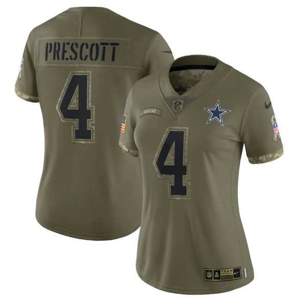 Women%27s Dallas Cowboys #4 Dak Prescott 2022 Olive Salute To Service Limited Stitched Jersey(Run Small) Dyin